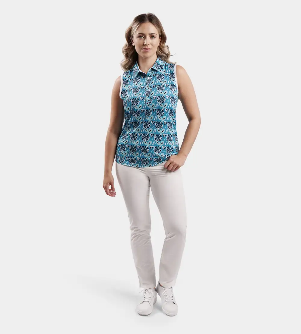 LADIES FLORAL SLEEVELESS POLO - TEAL - Image 6