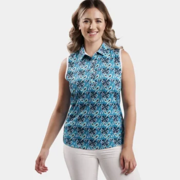 LADIES FLORAL SLEEVELESS POLO - TEAL