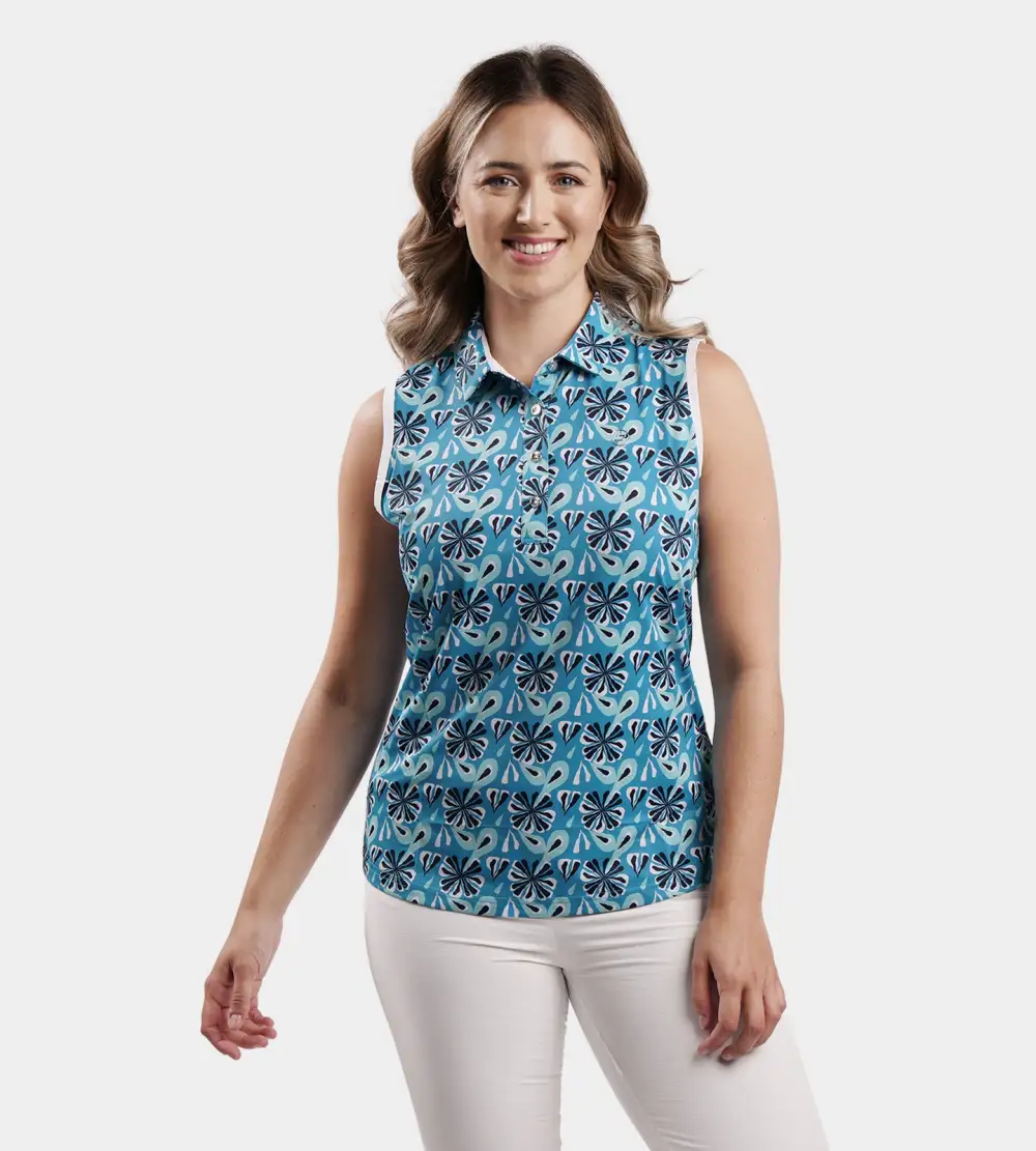 LADIES FLORAL SLEEVELESS POLO - TEAL